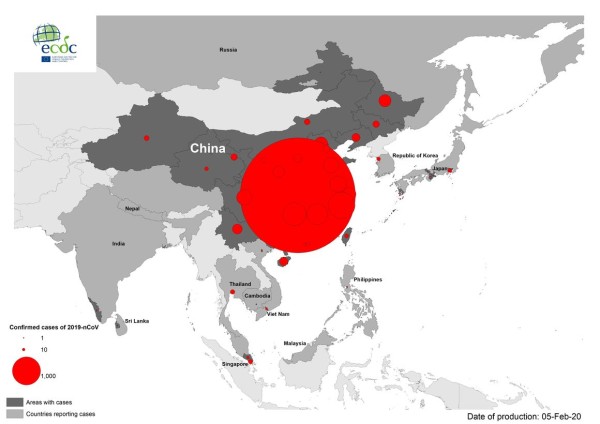 Fig. I. Distribuzione geografica della situazione di diffusione del nuovo coronavirus nel mondo al 5 febbraio 2020 - Fonte Edcd.